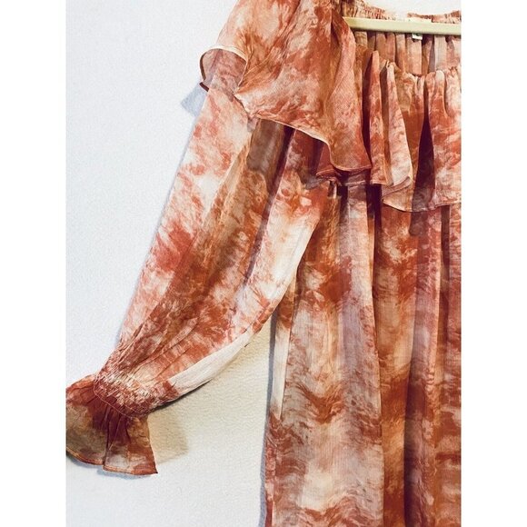 POL Top Womens Large Ruffle Collar Hand Dipped Dye Sheer Red Peasant Boho - Picture 3 of 8